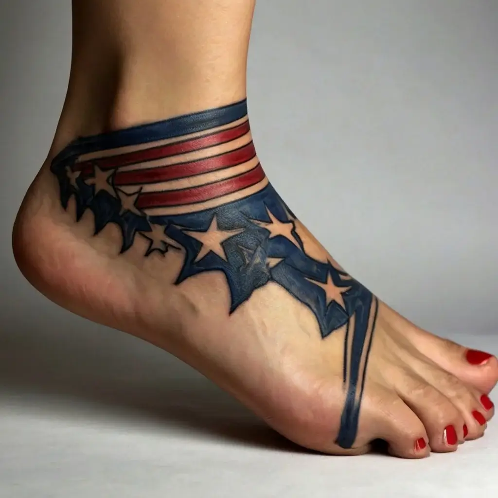 Tattoo of a tattered American flag on a foot, with blue stars and red stripes stretching from ankle to toes.