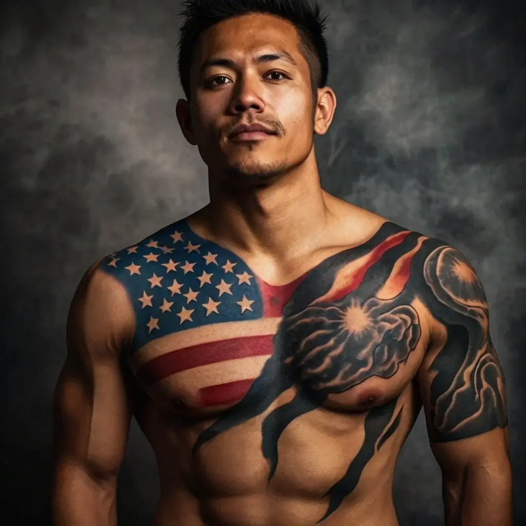 Patriotic tattoo featuring an American flag with stars and stripes, blending into abstract designs across the chest and arm.