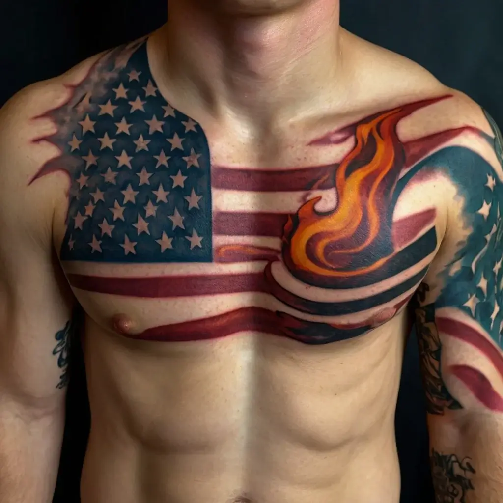 Tattoo of flowing American flag across chest with vibrant orange flames on right side, symbolizing patriotism and passion.