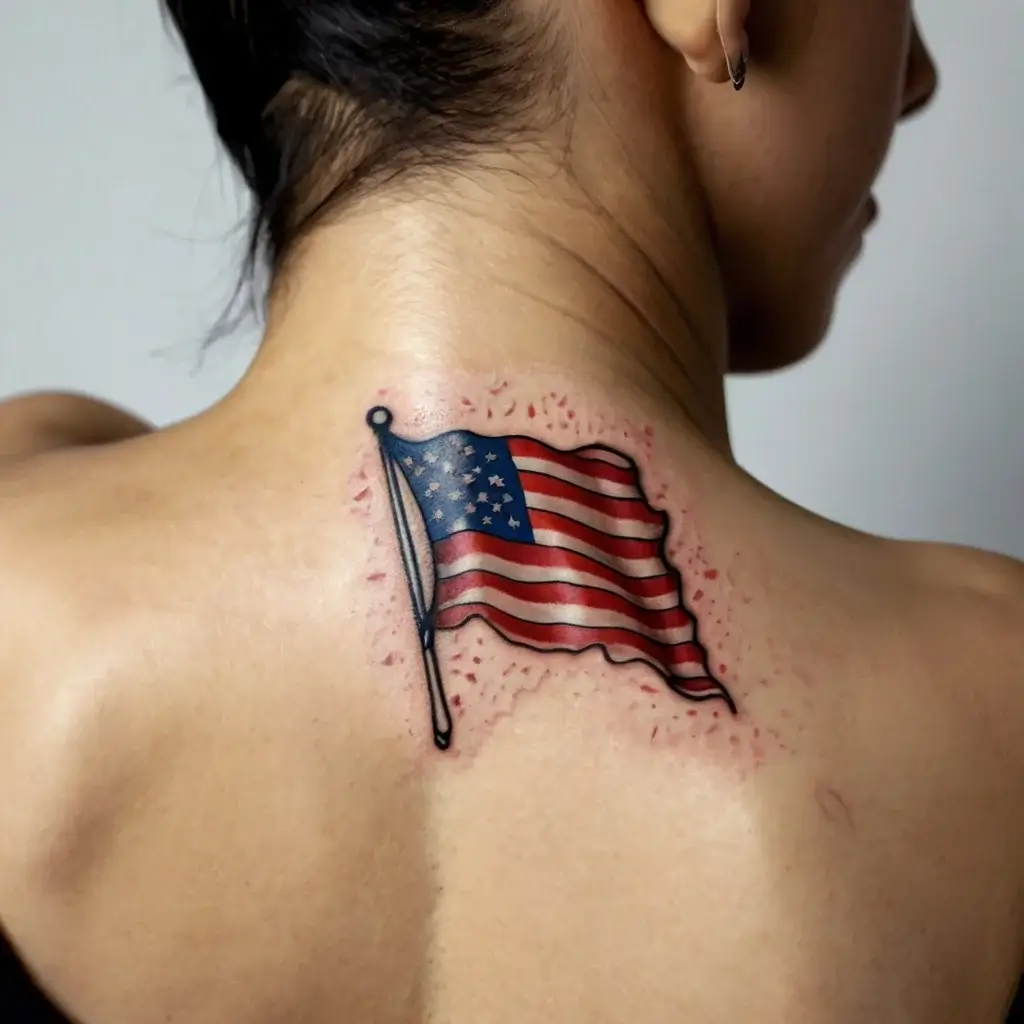 Tattoo of a waving American flag on the upper back, with realistic shading and red accents suggesting movement.