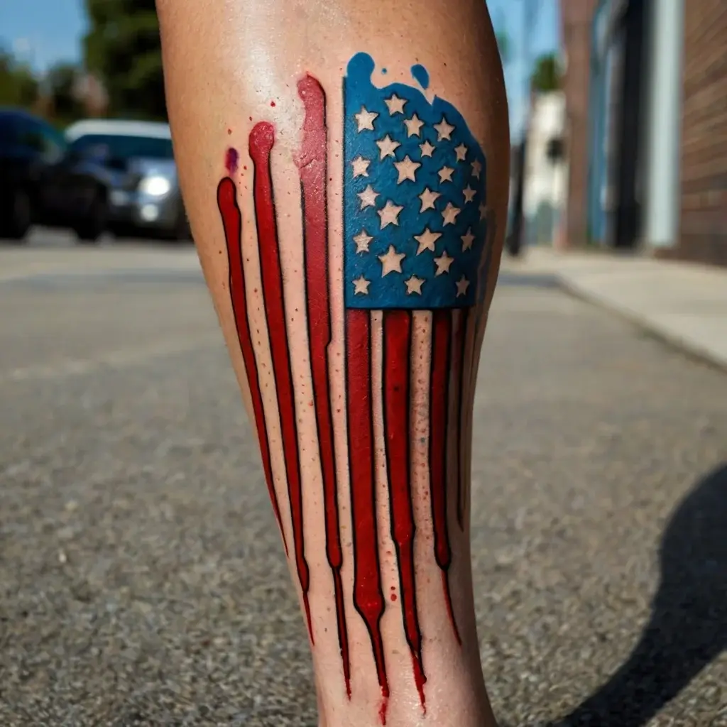 Tattoo of the American flag with a melting effect; stars in blue and dripping red stripes.