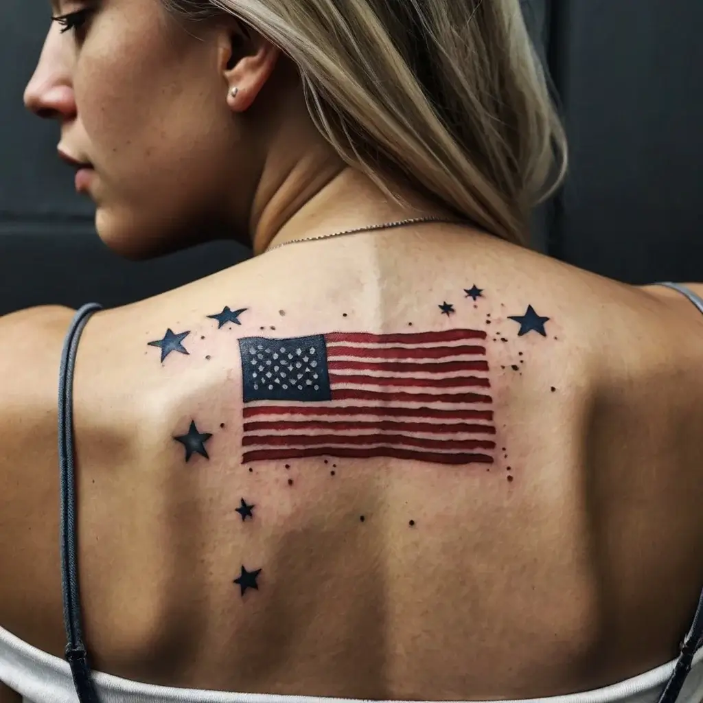 Tattoo of a faded American flag with scattered stars and dots on the upper back, symbolizing patriotism and freedom.