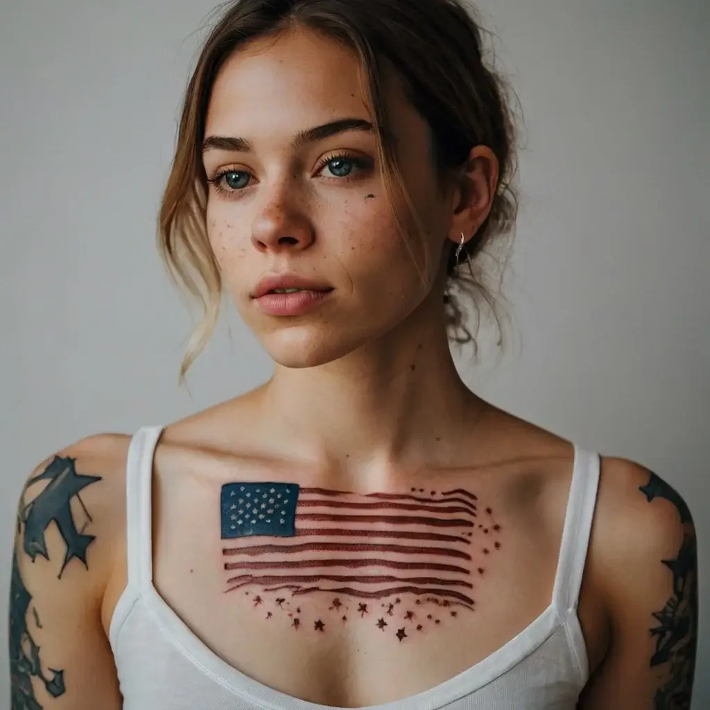 Chest tattoo of a stylized American flag with scattered stars, featuring shaded stripes and artistic dots.