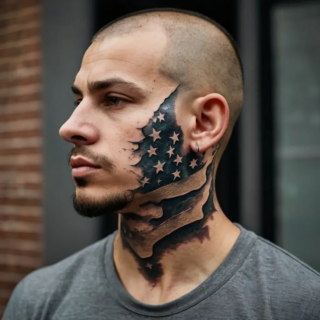 Portrait with a realistic tattoo of a torn American flag on the face, featuring stars and stripes in black and gray tones.