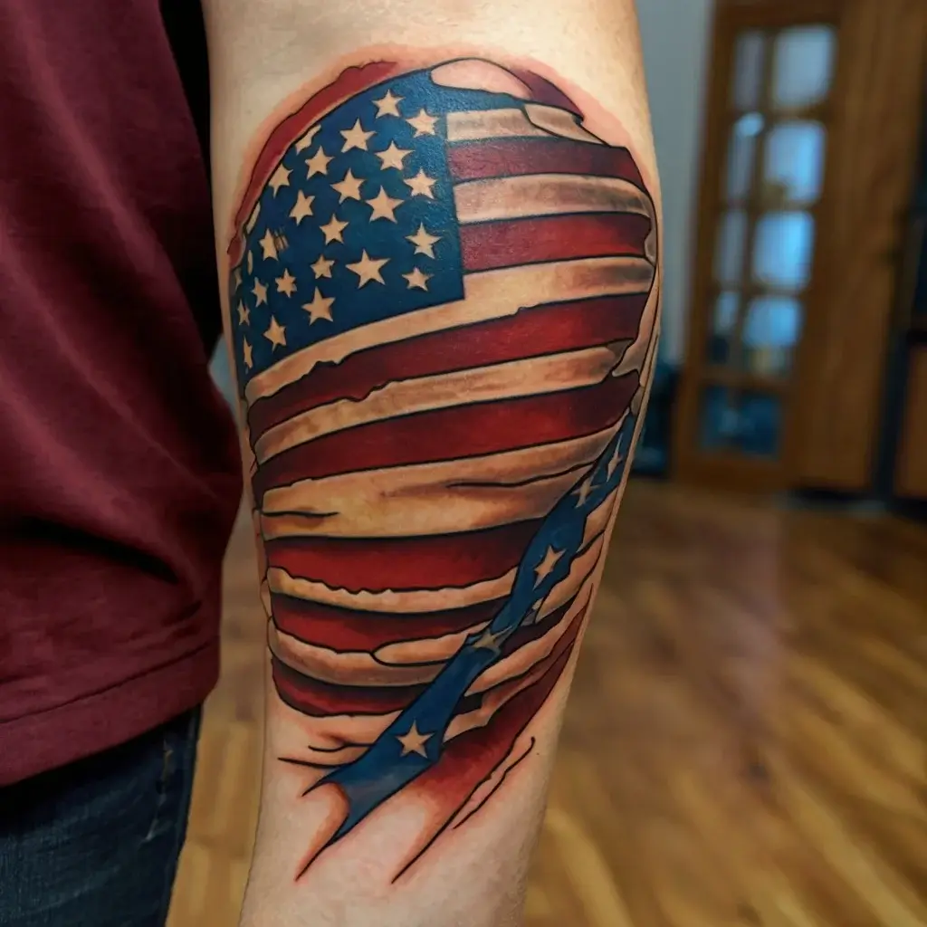 Tattoo of a torn American flag, vividly colored and wrapped around the arm, showing stars and stripes in a realistic style.