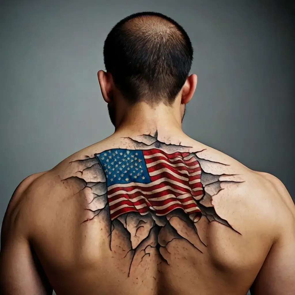 Tattoo of a 3D American flag on the back, appearing to tear through the skin with realistic shading and texture effects.