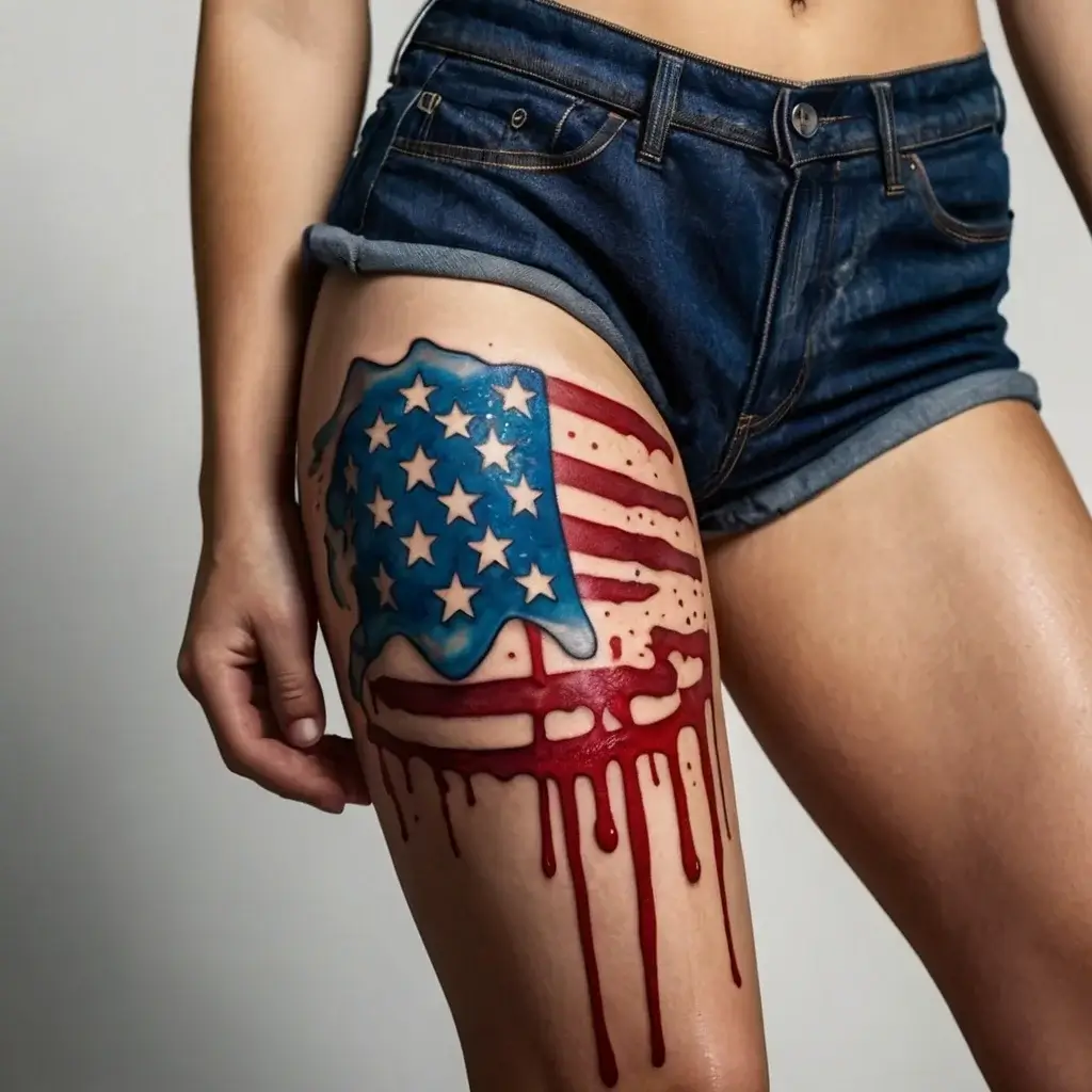 Thigh tattoo shows a melting American flag with dripping stripes and textured blue field with stars.