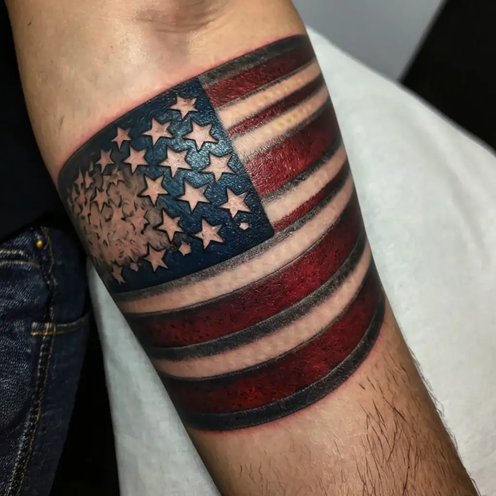 Tattoo of a partially realistic American flag with stars blending into red and blue stripes on a person's forearm.