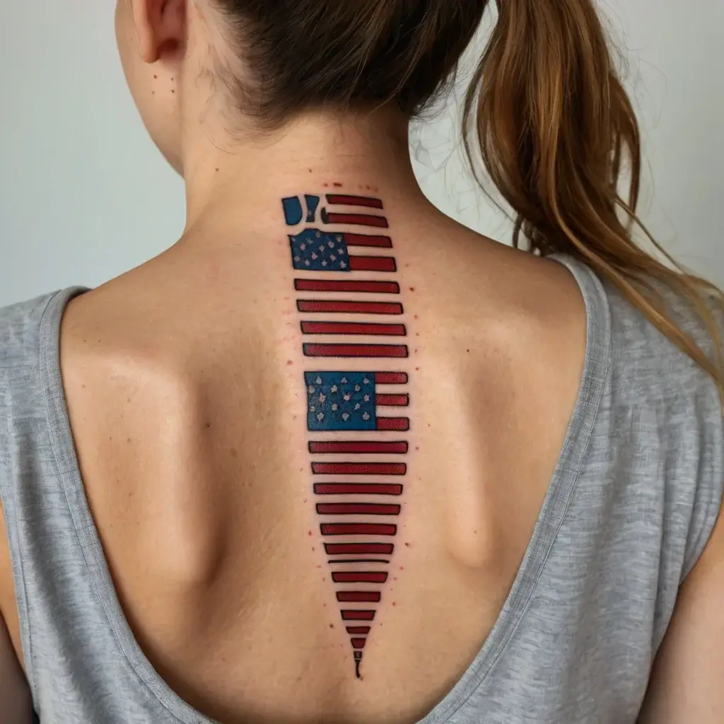 Tattoo of abstract American flag on back, styled in a tapering vertical alignment with red and blue geometric bars.