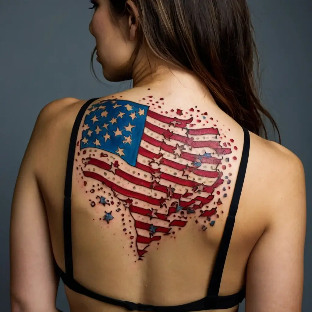 Tattoo of the U.S. flag on a back, morphing into Texas shape, with stars and flowing stripes, depicting state pride.