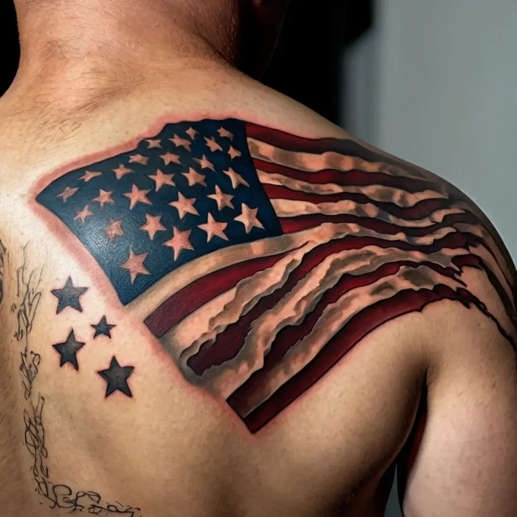 Tattoo of a tattered American flag on shoulder blade with deep colors, showcasing stars and stripes in a 3D effect.