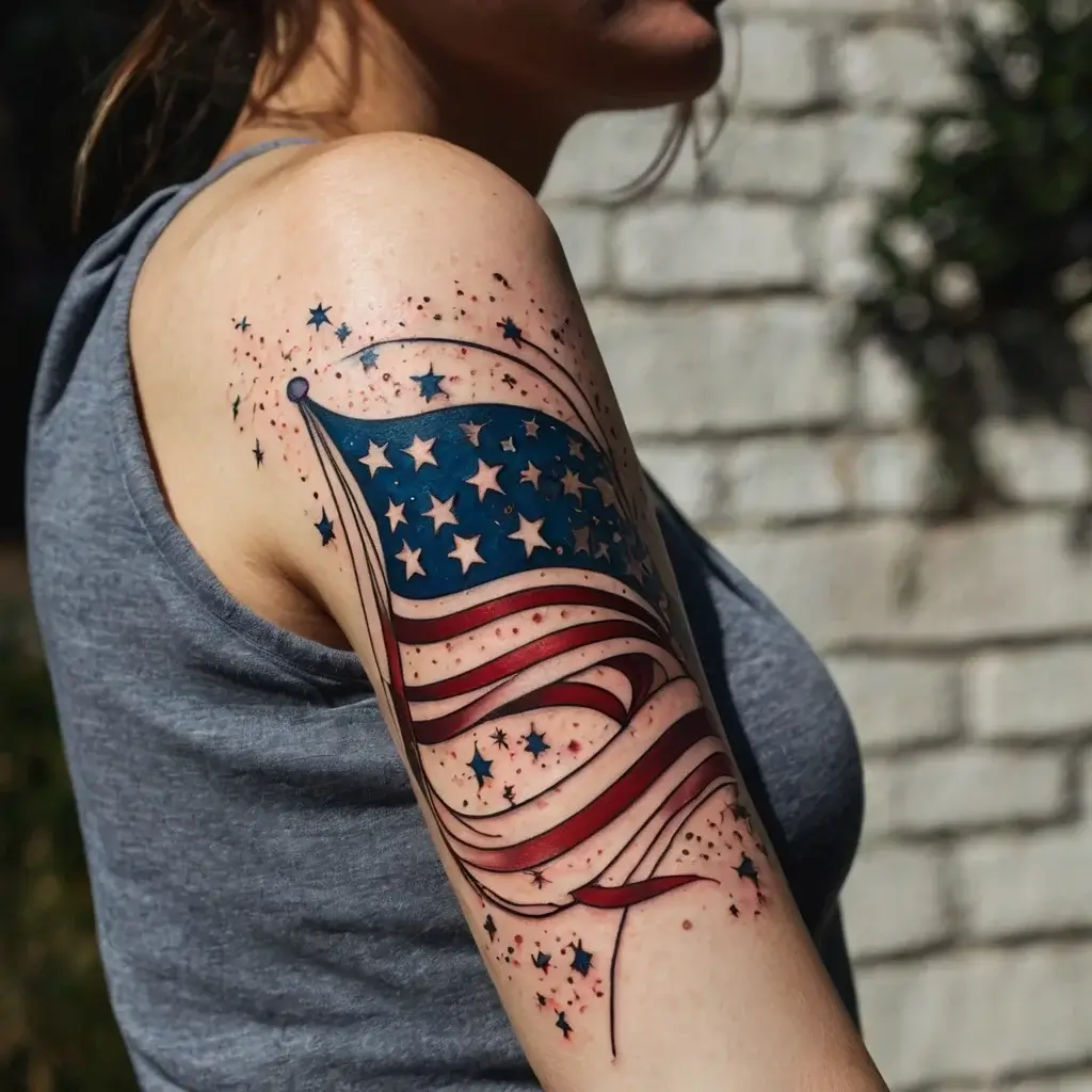 Tattoo of a waving American flag with stars and stripes on the upper arm, surrounded by scattered stars and dots.