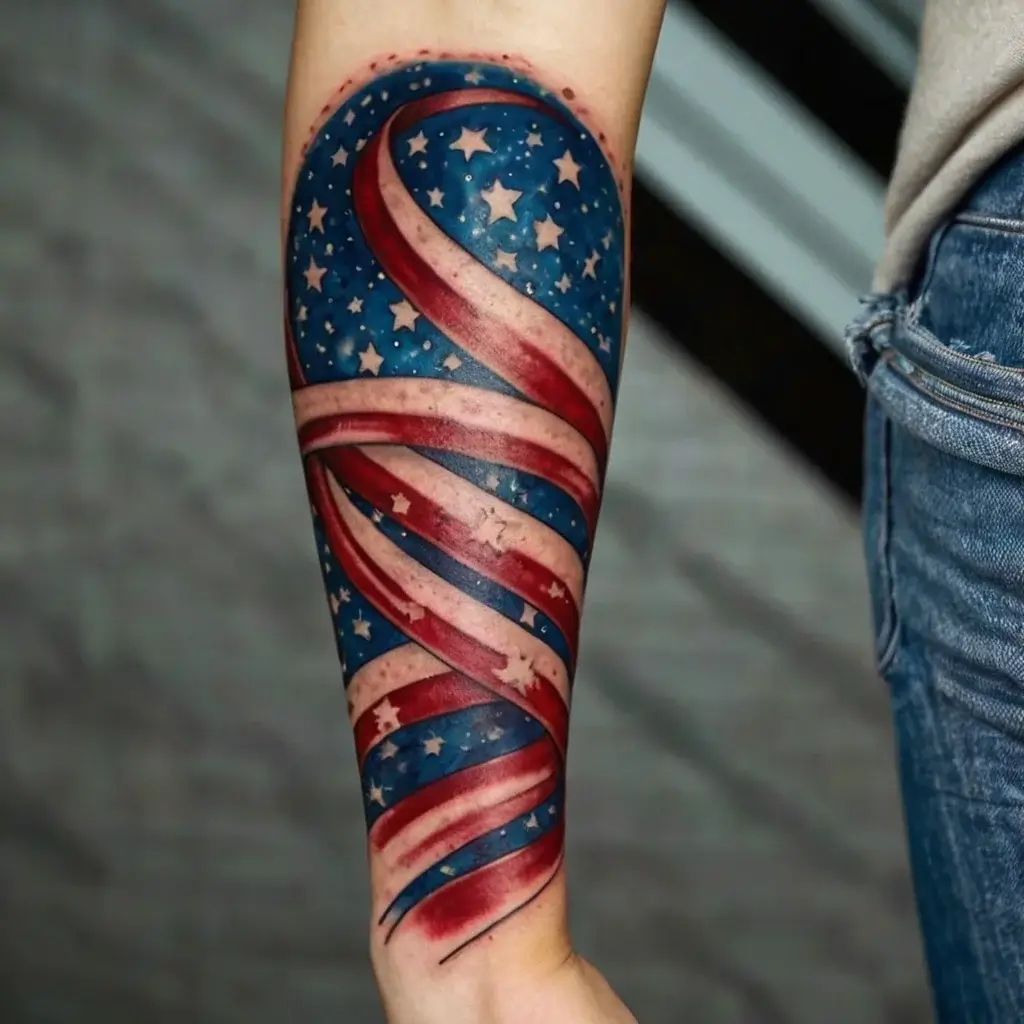 Forearm tattoo of a 3D illusion American flag, with swirling red, white, and blue stripes and stars, creating dynamic depth.