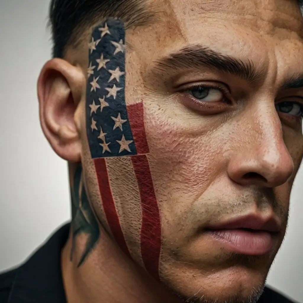 A realistic tattoo of the American flag on the man's cheek, featuring stars and stripes, symbolizing patriotism.