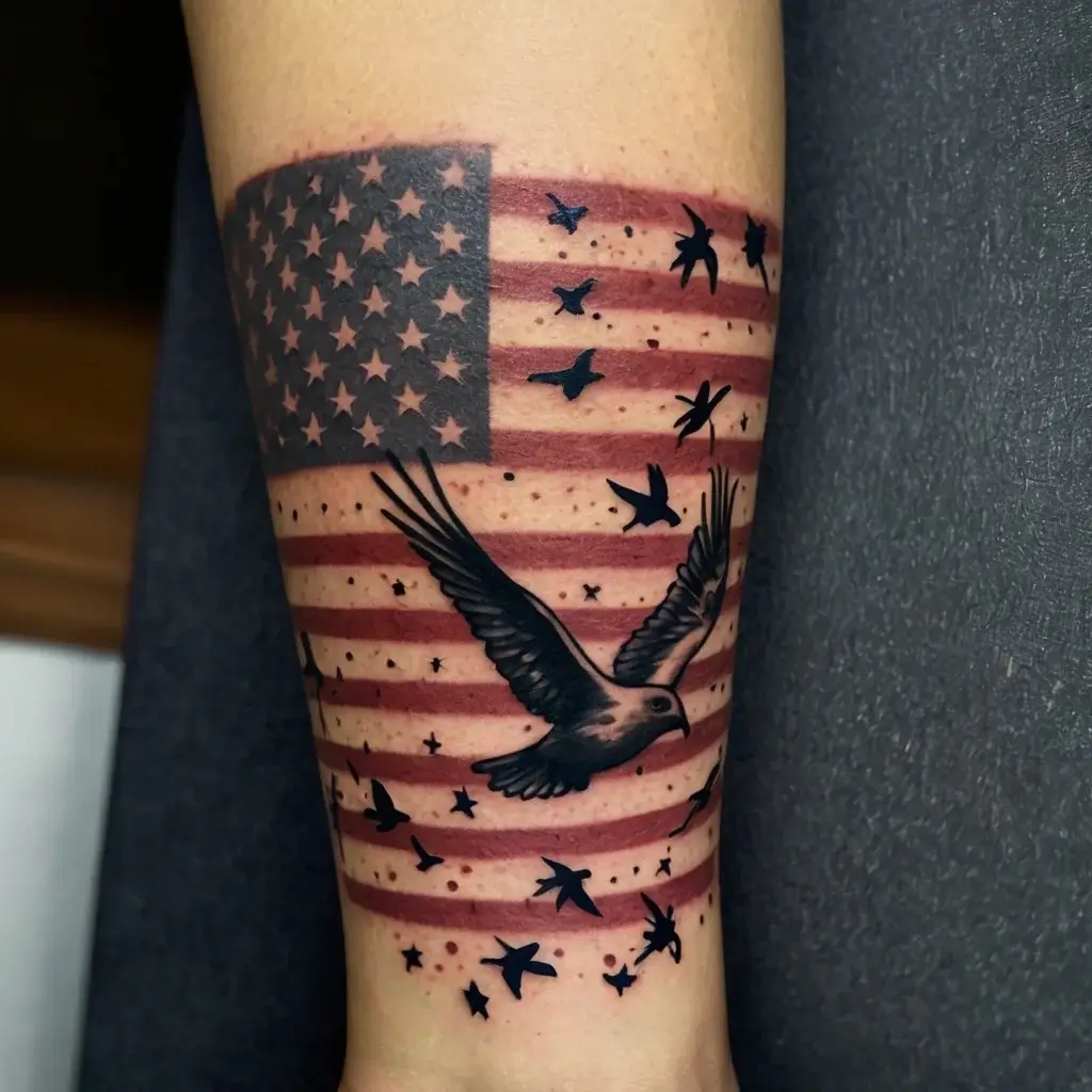 Tattoo of a stylized American flag with a large black bird in flight, surrounded by smaller birds, symbolizing freedom.