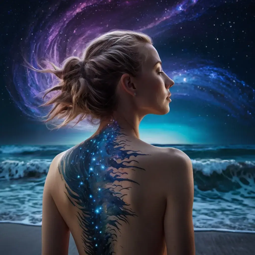 Tattoo of a cosmic galaxy flowing down the back, blending vivid colors with starry details, set against a night beach.