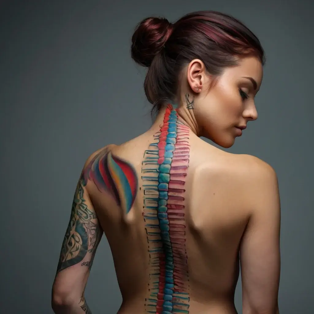 Colorful spine tattoo with blue and pink vertebrae, accented by a red and blue abstract design on the shoulder blade.