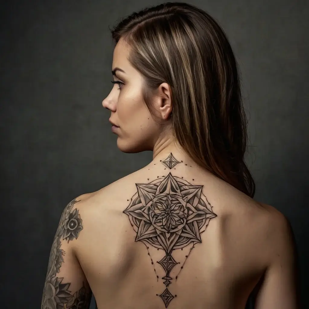 A geometric tattoo on the upper back features an intricate mandala with sharp lines, dots, and floral elements.