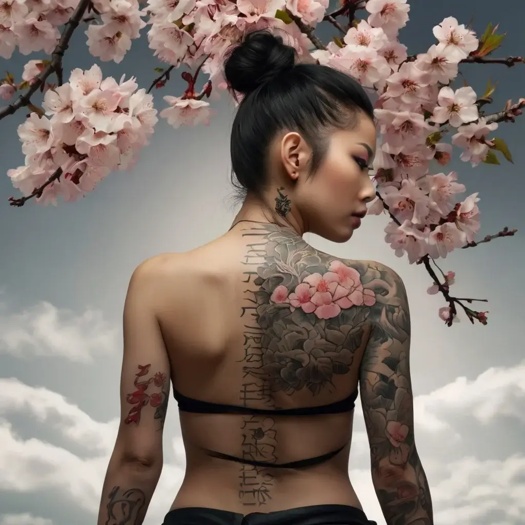 Aesthetic tattoo with cherry blossoms on shoulder, intricate Japanese script down the spine, blending with floral motifs.