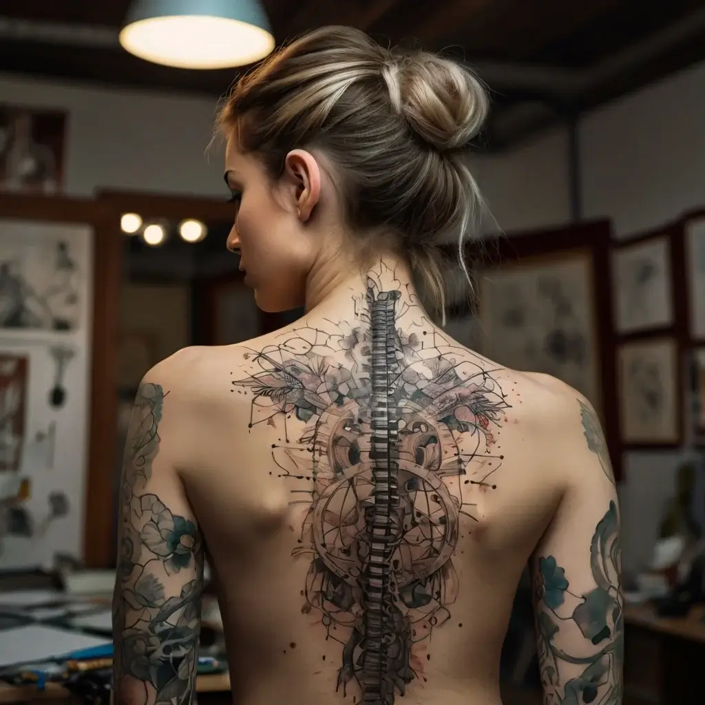 Abstract spine tattoo on a woman’s back, with geometric patterns and floral accents, creating a layered, dynamic design.