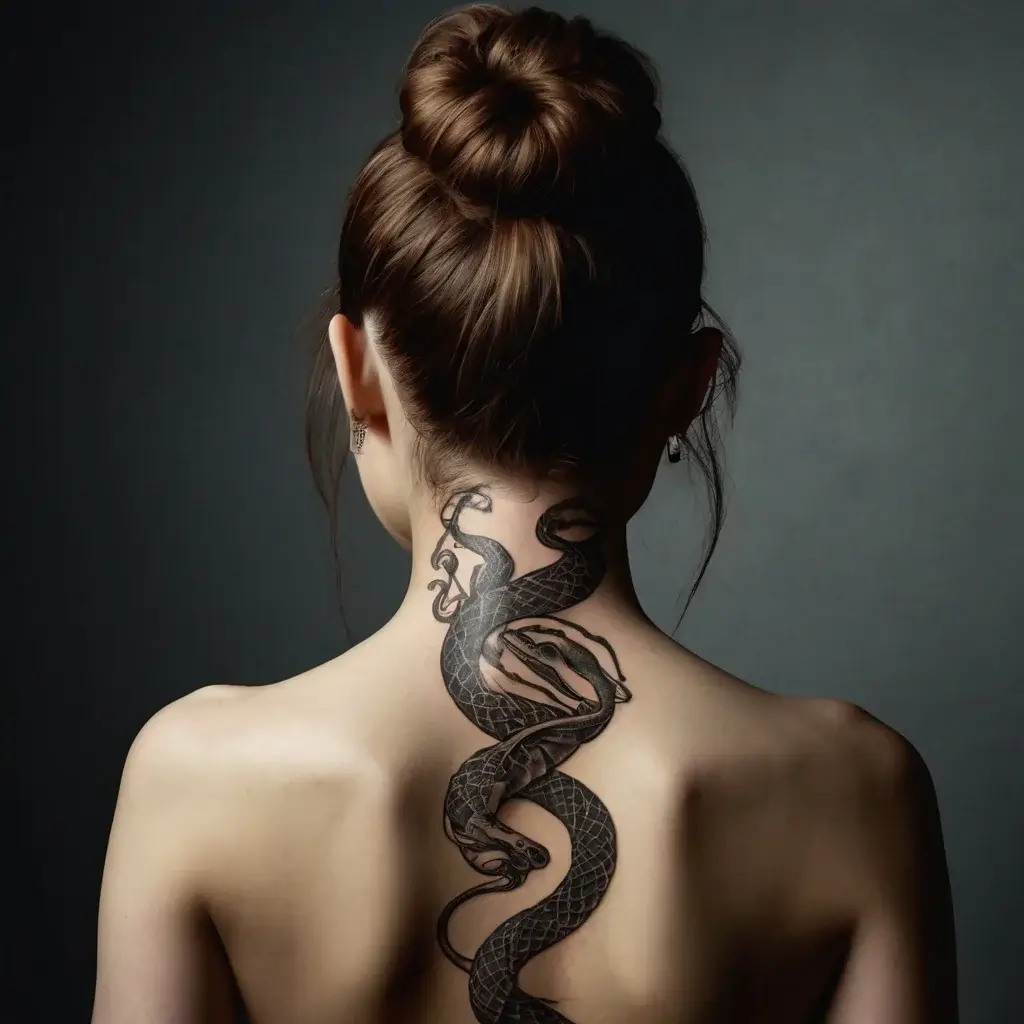 A detailed black snake tattoo gracefully winds down the back and neck, symbolizing transformation and elegance.