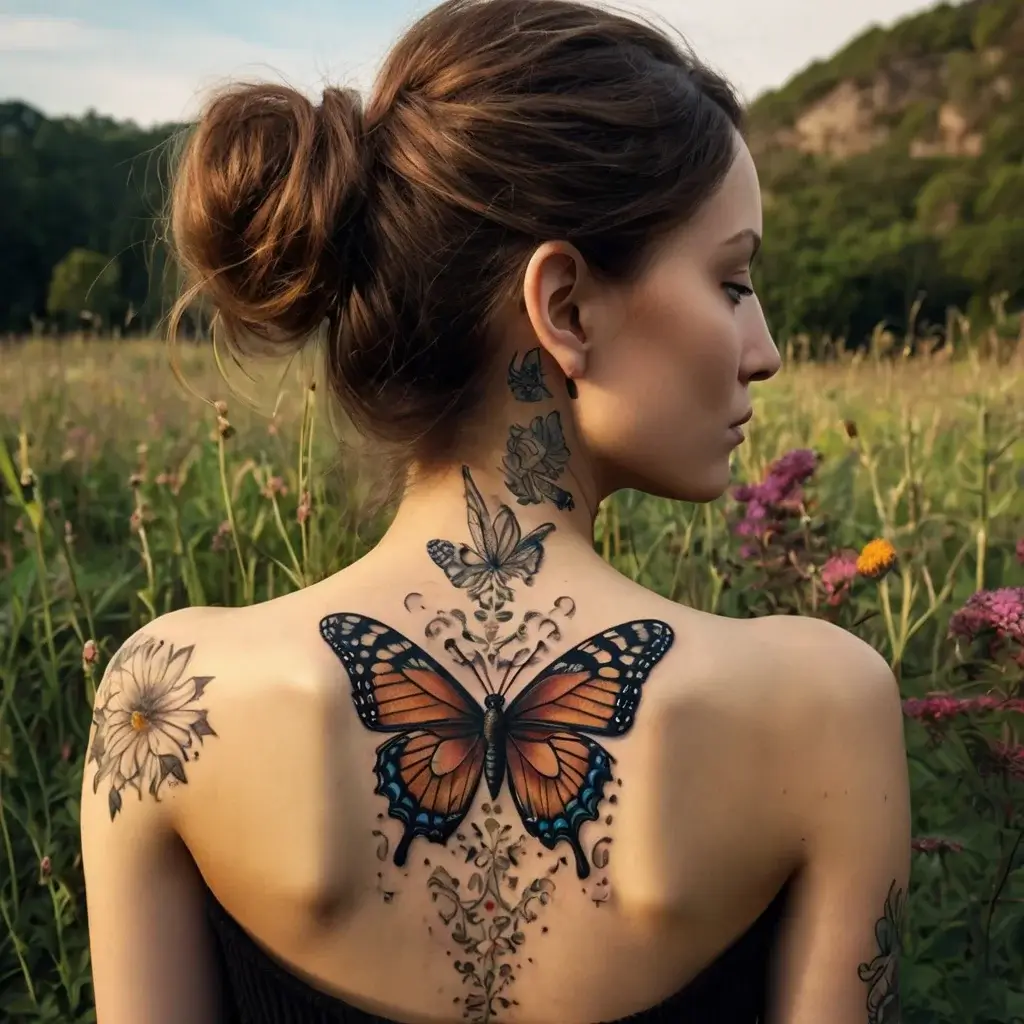 A vibrant back tattoo of a large orange butterfly with blue accents, surrounded by floral designs; neck features smaller butterflies.