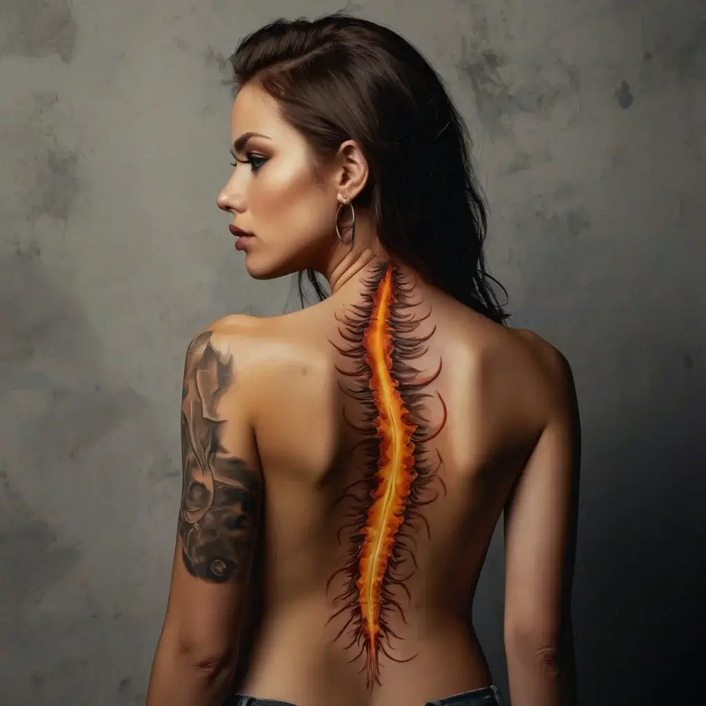 A fiery, spine-inspired tattoo runs down the woman's back, emanating vibrant orange and subtle black details.