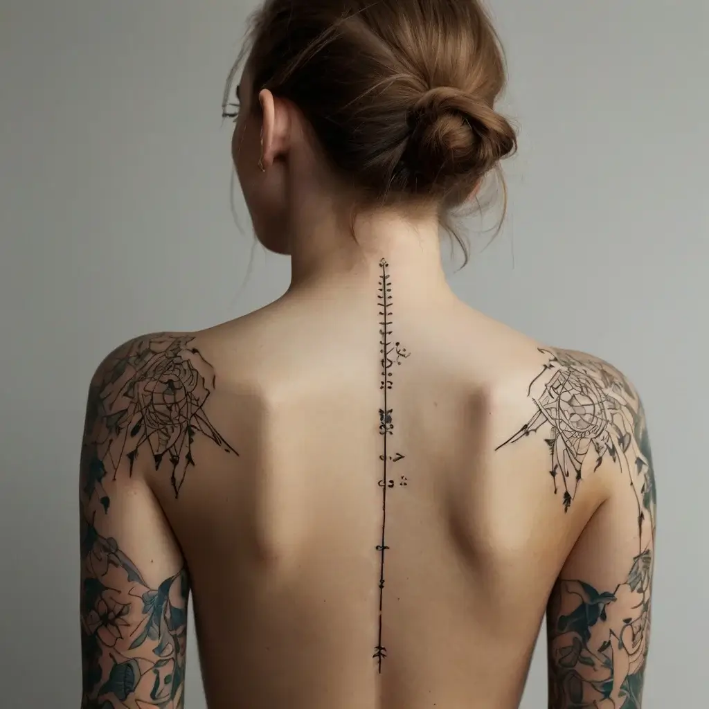 Geometric and floral designs adorn shoulders; a vertical spine tattoo features delicate linework and symbols.