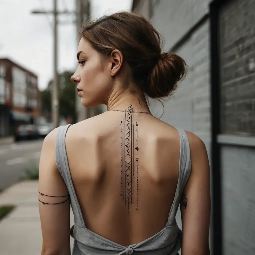 Minimalist geometric spine tattoo with vertical lines and dots. Simple arm bands add to the symmetrical elegance.