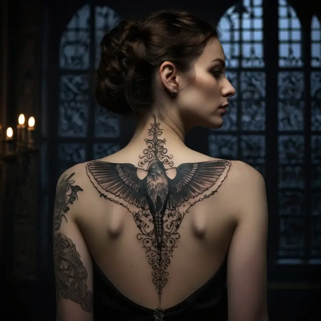 Elegant back tattoo of a raven with spread wings, ornate patterns extending along the spine and shoulder.