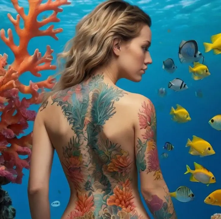 Tattoo of vibrant marine flora covers the back; intricate corals and seaweed blend seamlessly with the oceanic background.