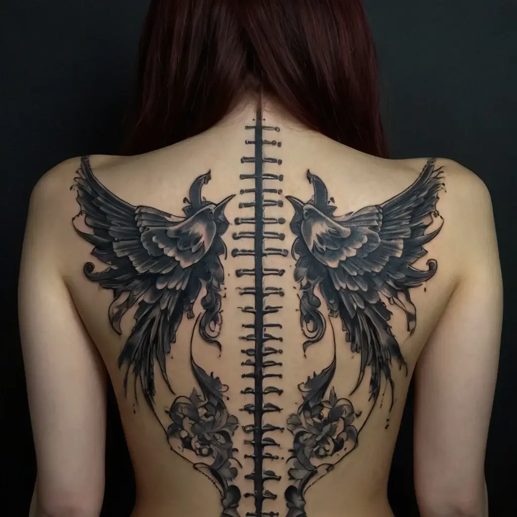 Tattoo of two detailed birds in flight flanking a spine-like design down the back, embellished with floral elements.