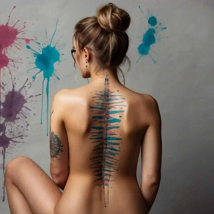 A watercolor-style spine tattoo with vibrant blue and pink splashes, blending anatomical precision with artistic flair.