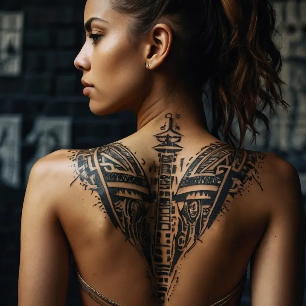 Abstract tribal tattoo with geometric patterns spans woman's upper back, emphasizing symmetry and bold black lines.