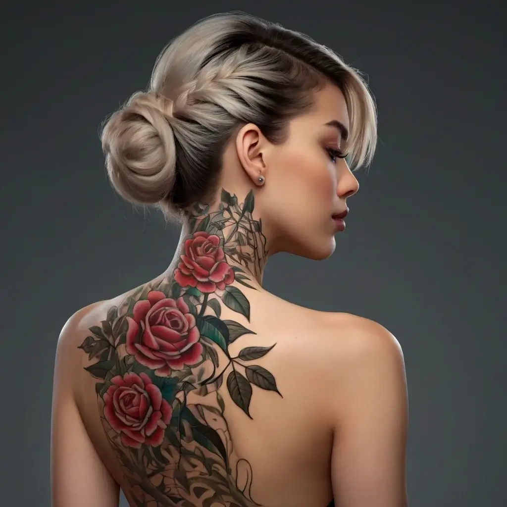 Tattoo of vibrant red roses with green leaves on a woman's back and neck, featuring intricate vine detailing.