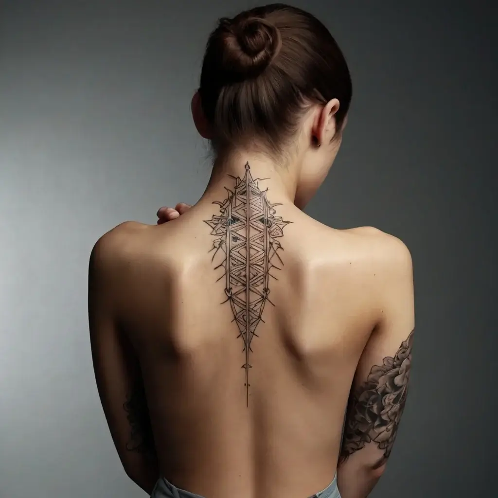 Geometric spine tattoo with intricate lines and triangular patterns, accented by subtle dot work for a modern look.