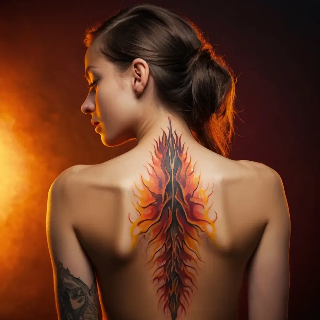 Tattoo of abstract fiery flames and spine design in black, red, and orange along the back.