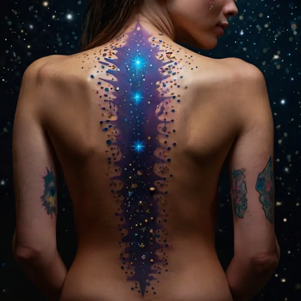 Tattoo of a starry galaxy down the spine with cosmic colors and celestial dots, creating a mystical and ethereal look.