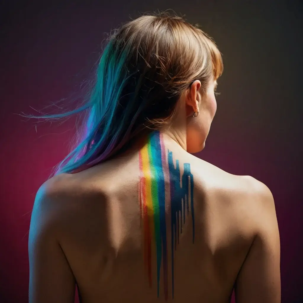 A vibrant rainbow tattoo cascades down the spine, blending into abstract, colorful streaks on the upper back.