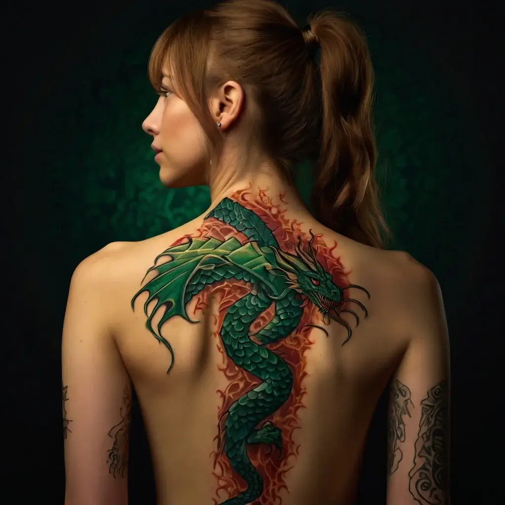 A vibrant green dragon tattoo spirals down the back, surrounded by fiery red flames, showcasing intricate scale details.