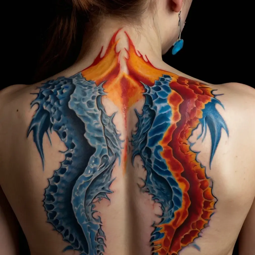 Back tattoo depicting fiery and icy dragon elements merging, blending vibrant blues, reds, and oranges in dynamic swirls.