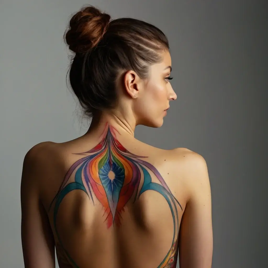 A vibrant peacock feather tattoo adorns the upper back, featuring bold colors and flowing lines for an elegant look.