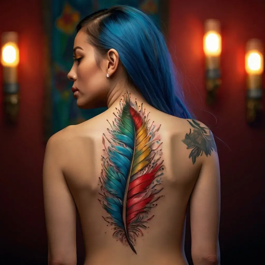 Colorful feather tattoo down the spine, with vibrant blue, yellow, and red hues, creating a vivid, artistic look.