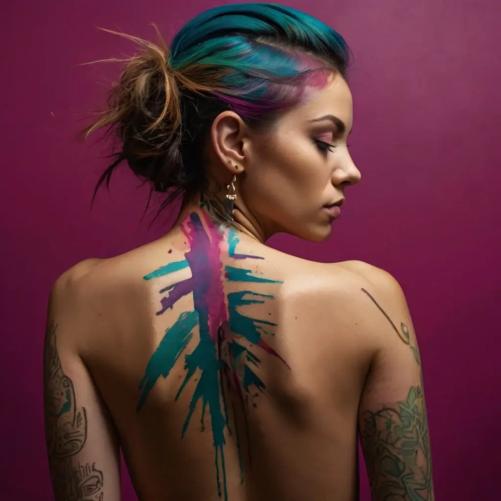 Abstract watercolor tattoo on the back, featuring bold teal and magenta splashes radiating from the spine.