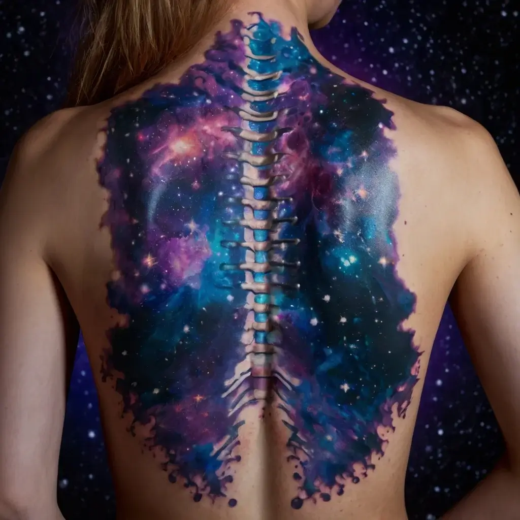 A tattoo of a vibrant galactic scene split by a detailed spine on a person's back, with rich purples, blues, and stars.