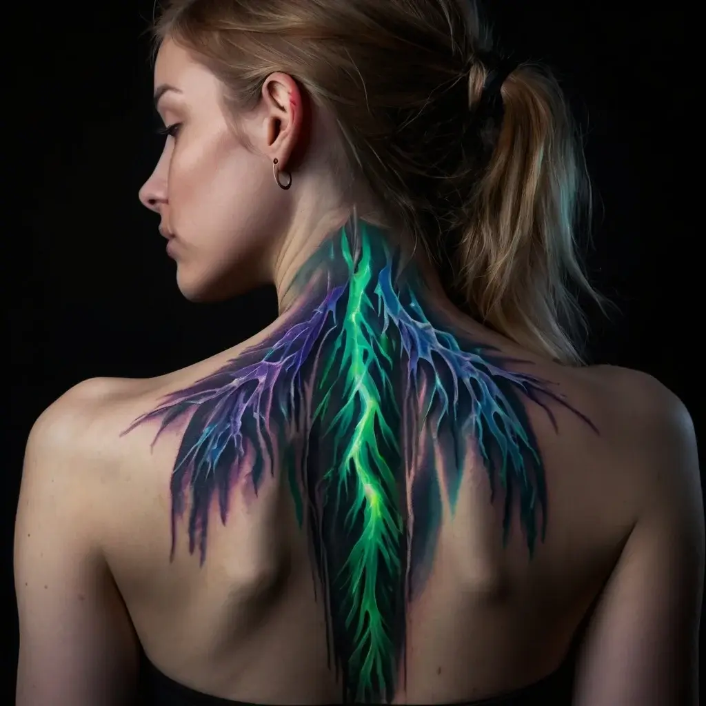 Neon lightning bolt tattoo on back, with vibrant greens, purples, and blues, extending from neck down between shoulder blades.