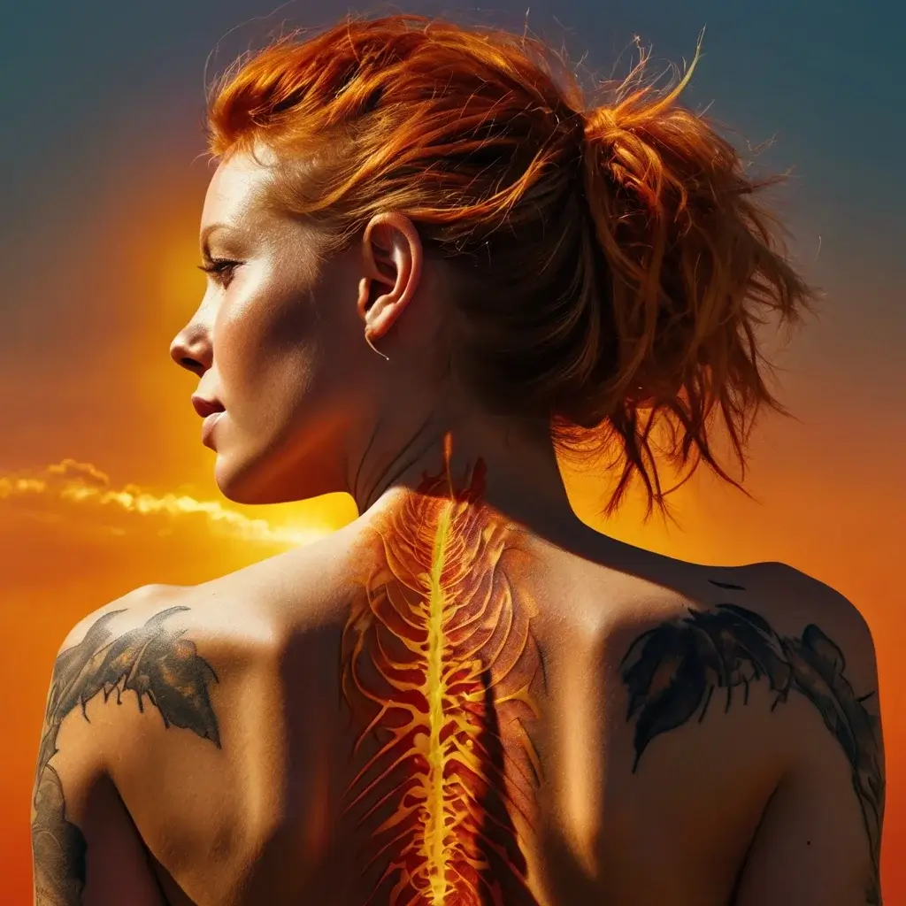 Tattoo of fiery spine with tribal elements, flanked by abstract, shaded wing designs on the back, glowing in sunset light.