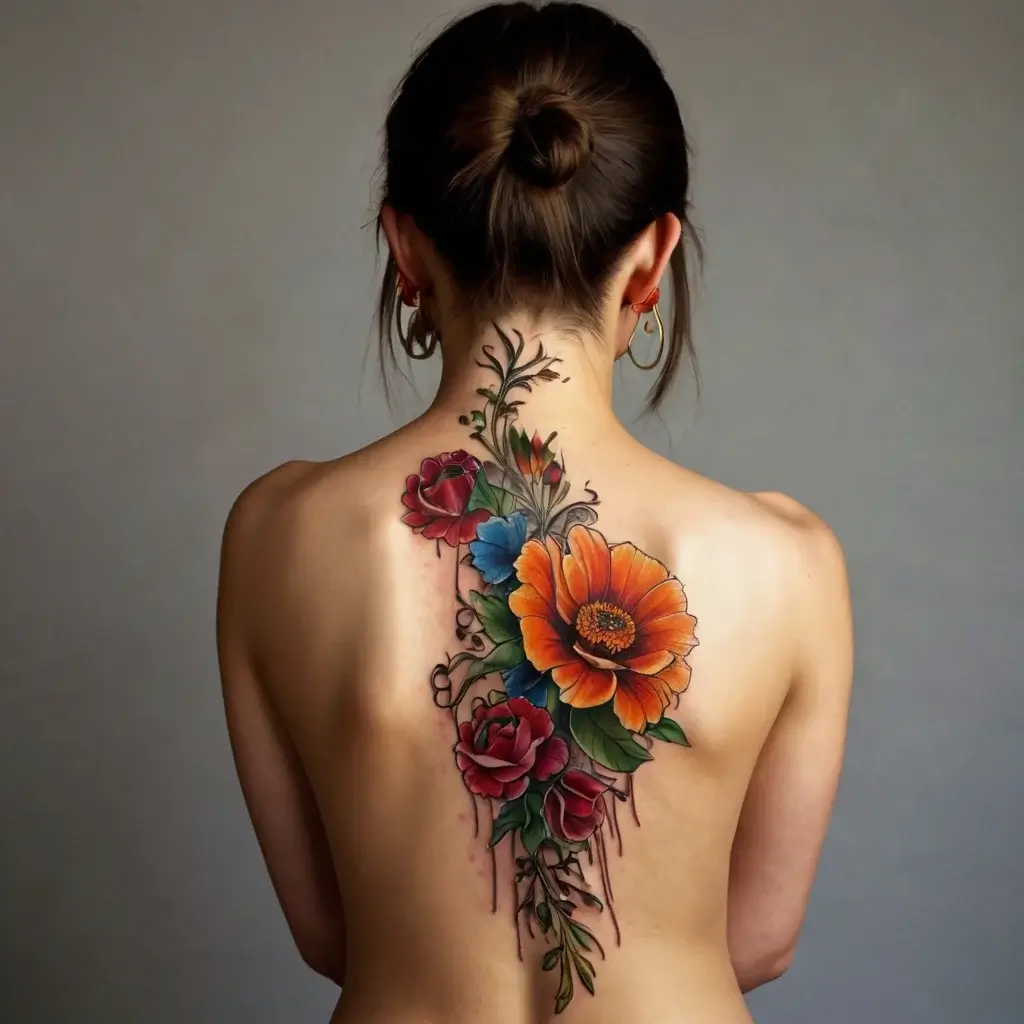 Colorful floral tattoo with orange, red, and blue flowers, and leafy vines, elegantly trailing down the woman's spine.