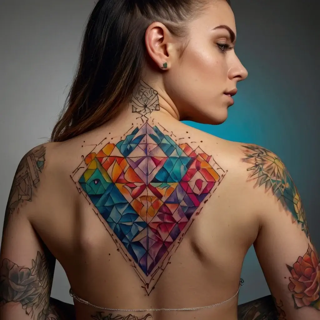 Geometric back tattoo with vibrant colors forming a 3D prism effect, blending blues, oranges, and purples.