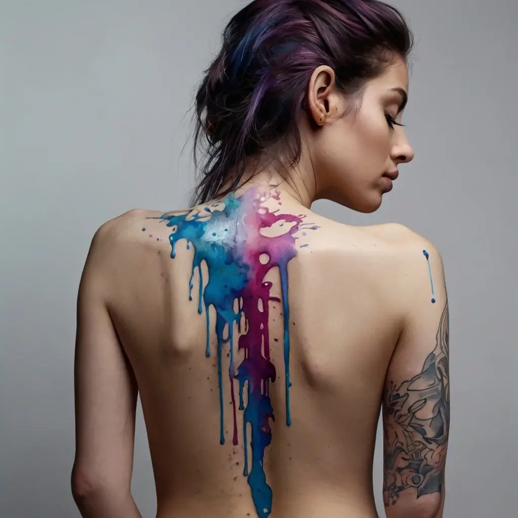 A vibrant watercolor tattoo of blue and purple ink drips down the back, blending seamlessly for an artistic, fluid look.